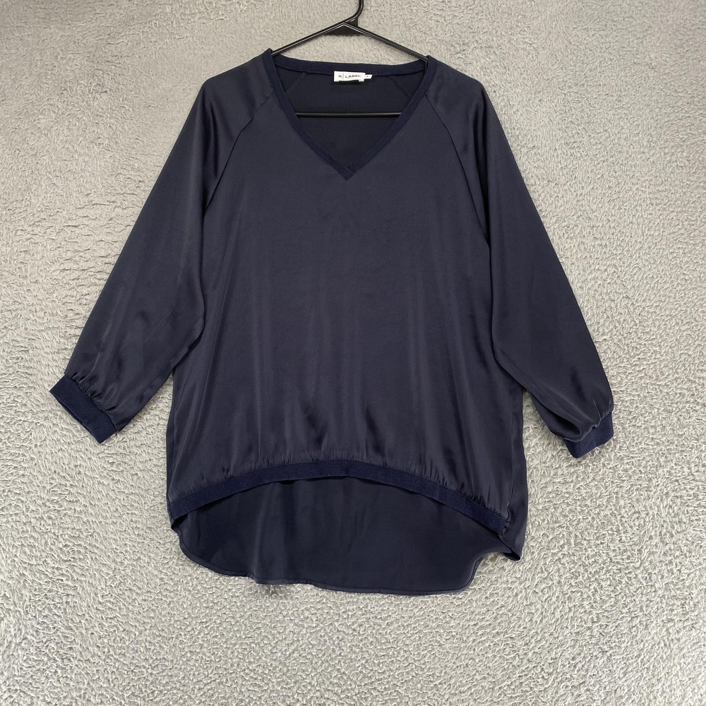 R Label Satin Top Womens‎ Small Navy Blue V Neck Hi Low Hem Blouse Stretch
